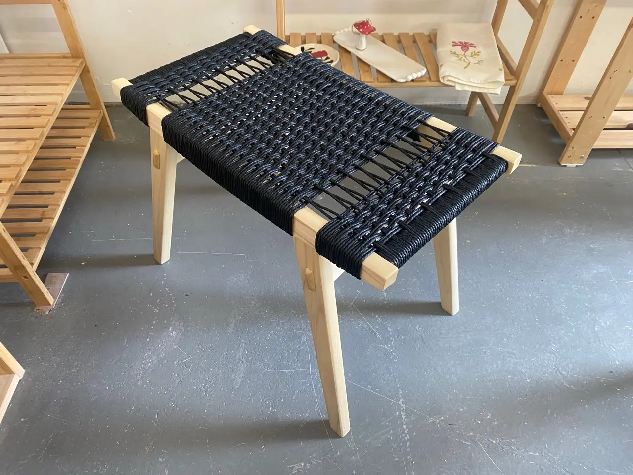 Danish stool made out of poplar with black cord